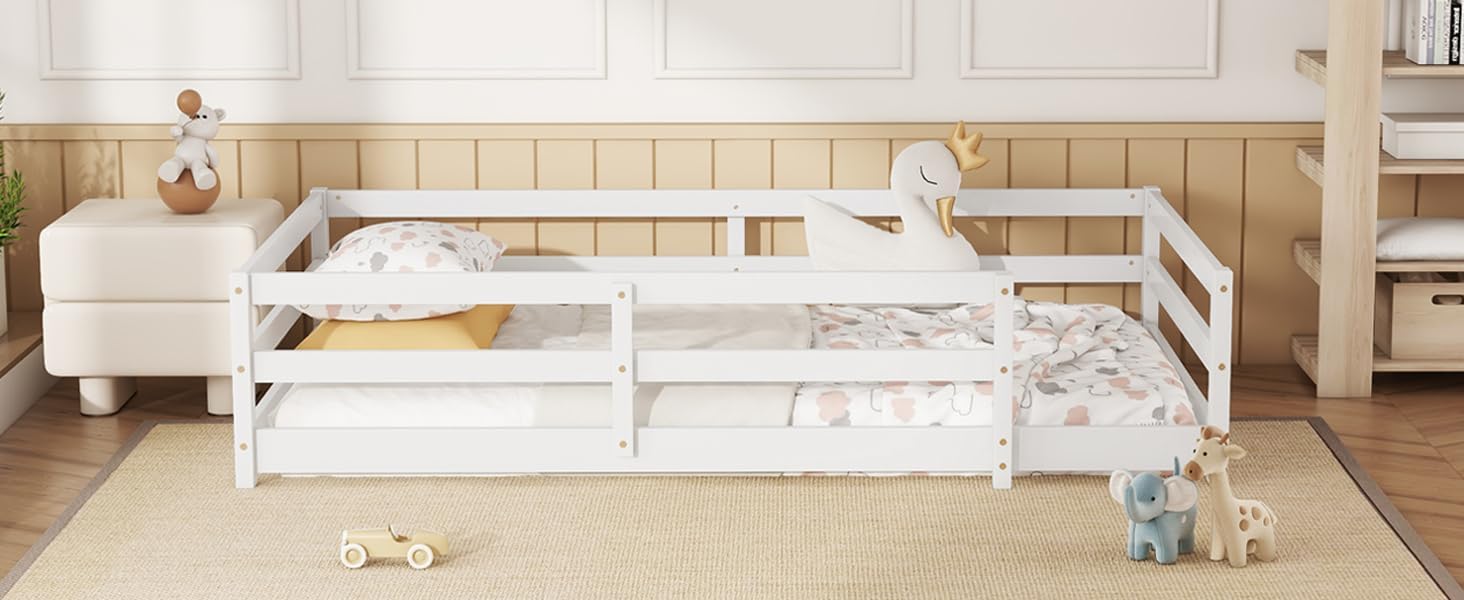Modern Classic Full Size Bed Frame with Fence, Sturdy Wood Montessori Floor Bed for s, Boys, Girls, Dorm, Bedroom, House, Easy to Assemble, Noise-Free Design, No Box Spring Needed,White-Tw