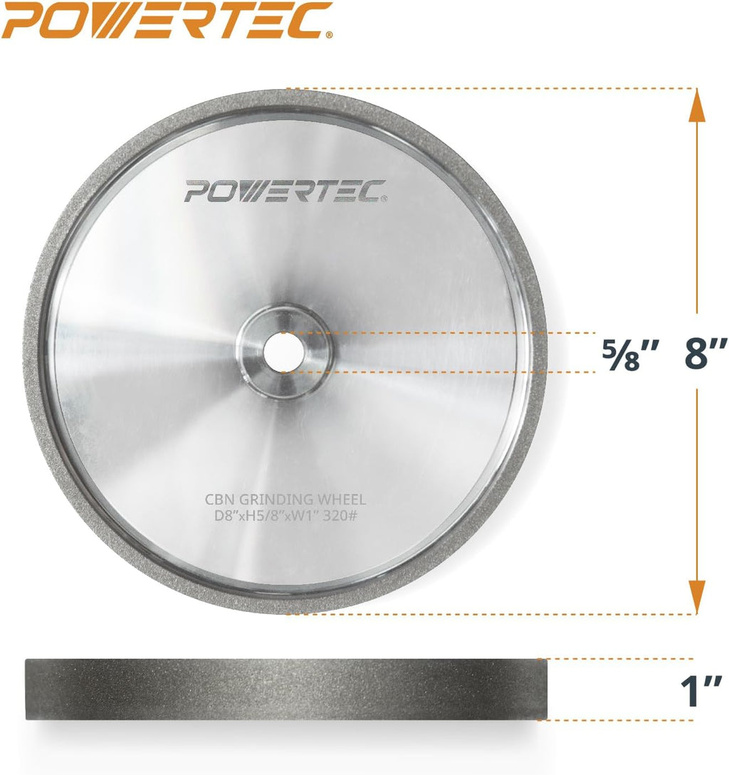 POWERTEC CBN Grinding Wheel 8 Inch 320 Grit, Bench Grinder Wheel for Sharpening HSS Tools, Lathe Tools & Chisel Set, 8' x 1' Wide, 5/8' Arbor Bench Grinder Wheels for Bench Grinder, 1 PK (15701)