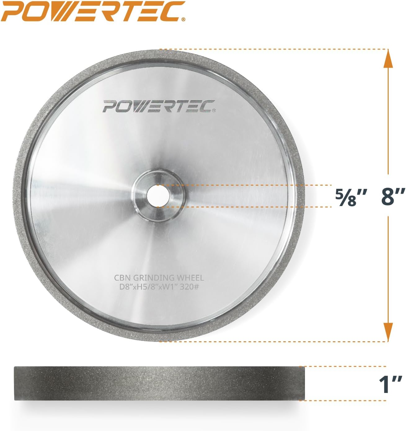 POWERTEC CBN Grinding Wheel 8 Inch 320 Grit, Bench Grinder Wheel for Sharpening HSS Tools, Lathe Tools & Chisel Set, 8' x 1' Wide, 5/8' Arbor Bench Grinder Wheels for Bench Grinder, 1 PK (15701)