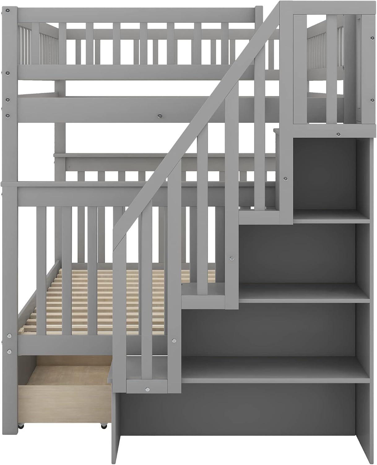 Harper & Bright Designs Full Over Full Stairway Bunk Bed with Two Drawers and Storage, Solid Wood Full Bunk Bed, No Box Spring Required（Grey）