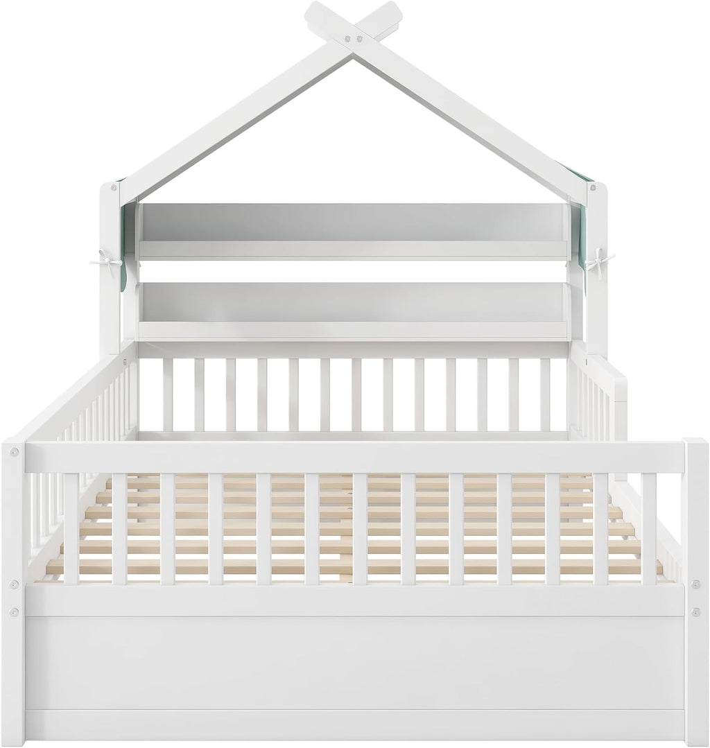 Merax Twin Size House Bed with Storage Headboard Shelf & Removable Canopy, Wooden Platform Bed Frame with Guardrail for Boys Girls Teens Bedroom Use, No Box Spring Needed, White