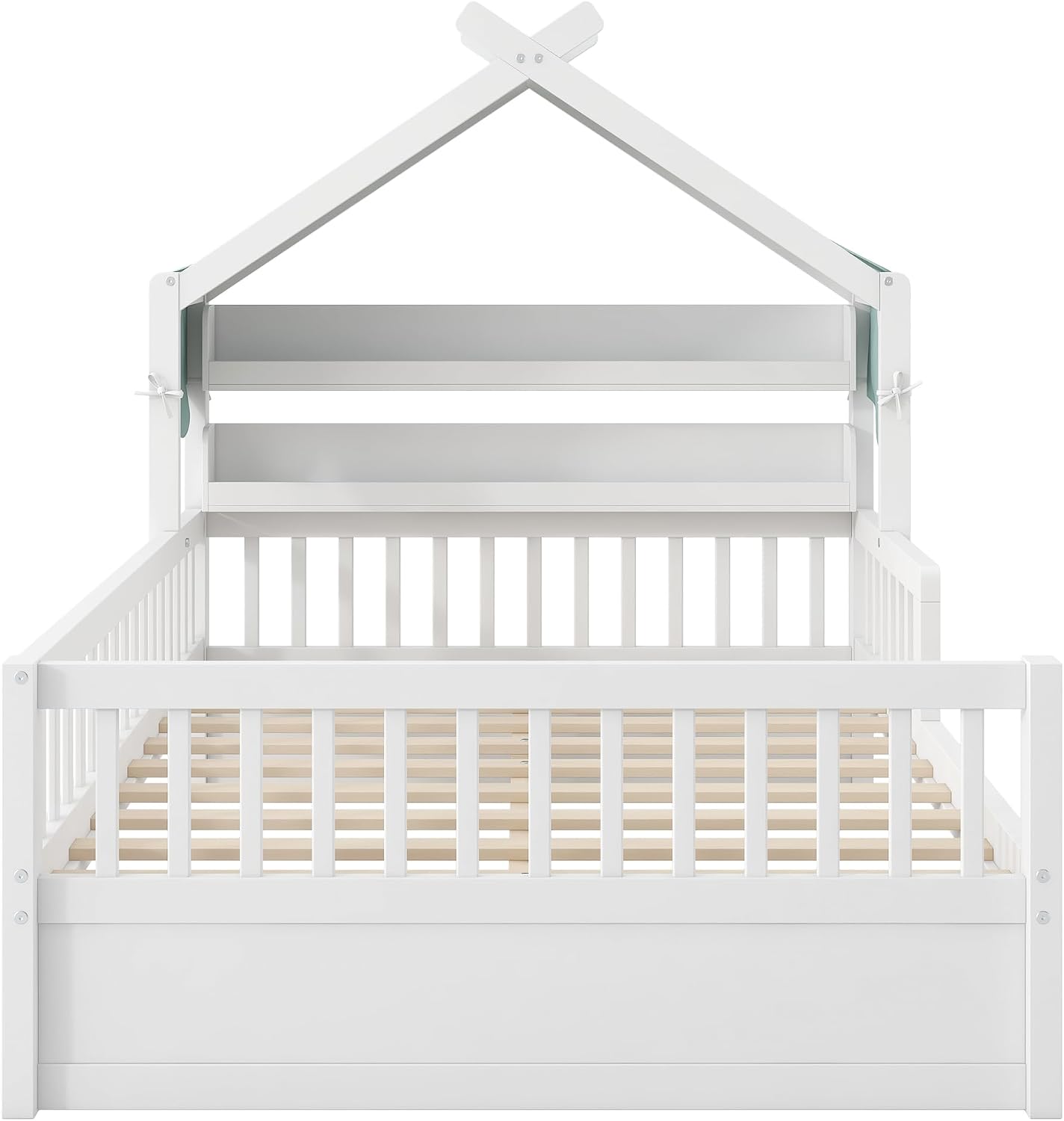 Merax Twin Size House Bed with Storage Headboard Shelf & Removable Canopy, Wooden Platform Bed Frame with Guardrail for Boys Girls Teens Bedroom Use, No Box Spring Needed, White