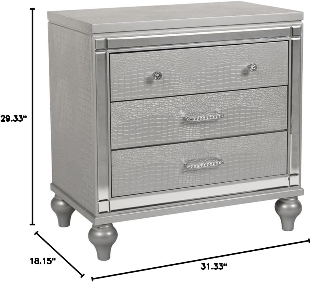 Pemberly Row Modern Solid Wood 3-Drawer Nightstand, Silver Finish, 31.33' W x 18.15' D x 29.33' H, Elegant Embossed Inlay, Durable MDF Drawers with Dovetail, Bedroom Storage Furniture