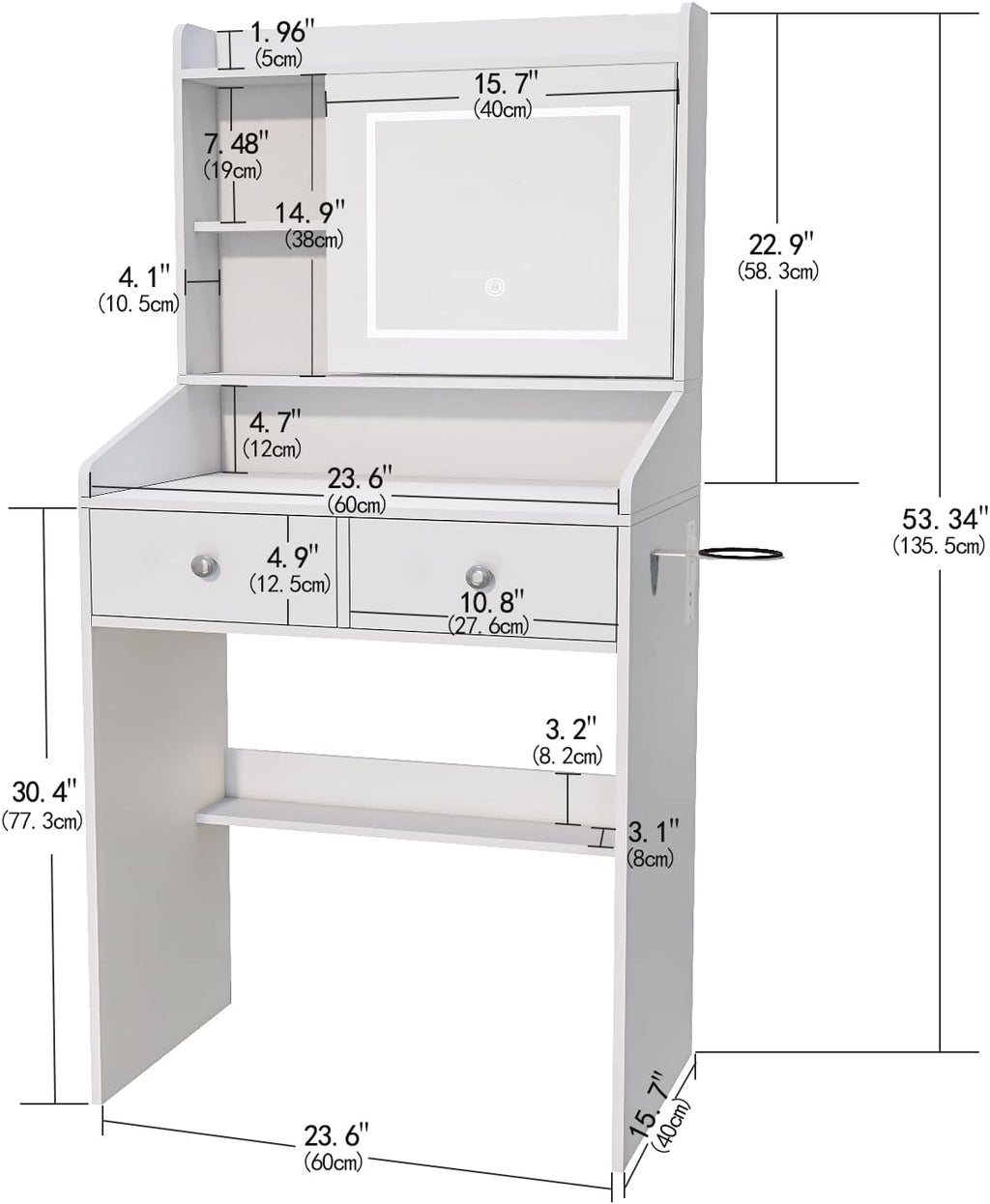 Viaozutis Vanity, Small Vanity Desk with Sliding Mirror, Dimmable LED Lights, 2 Drawers,Vanity Table Ideal for Bedroom (White)