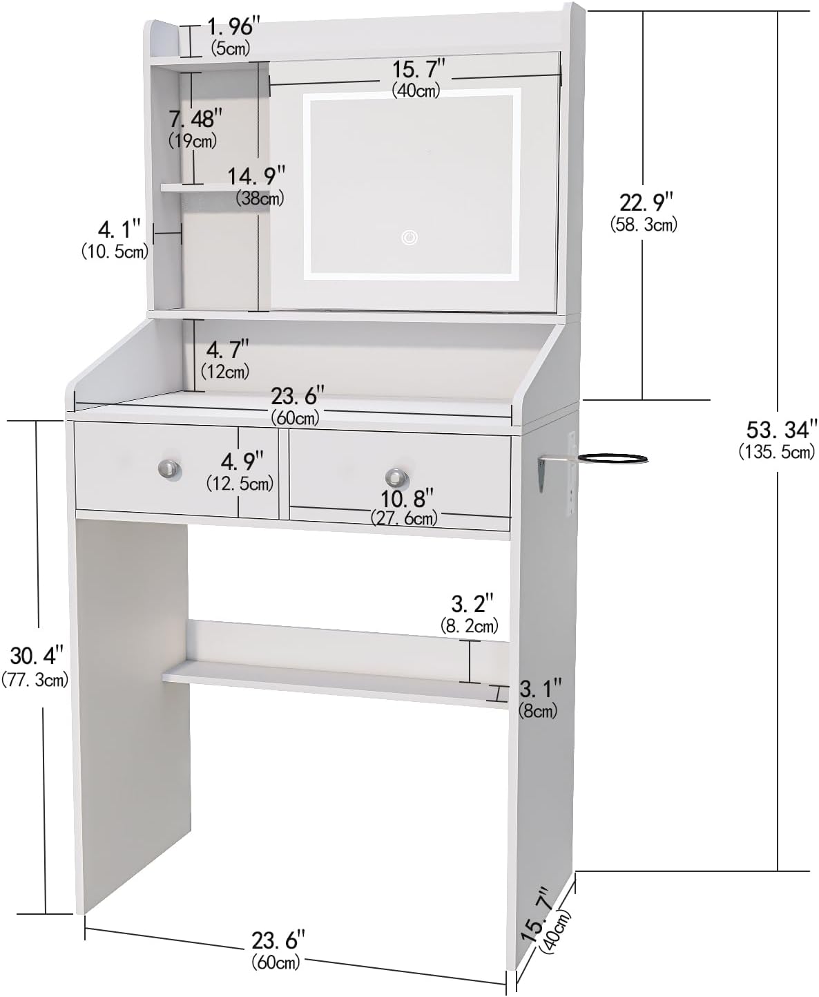 Viaozutis Vanity, Small Vanity Desk with Sliding Mirror, Dimmable LED Lights, 2 Drawers,Vanity Table Ideal for Bedroom (White)