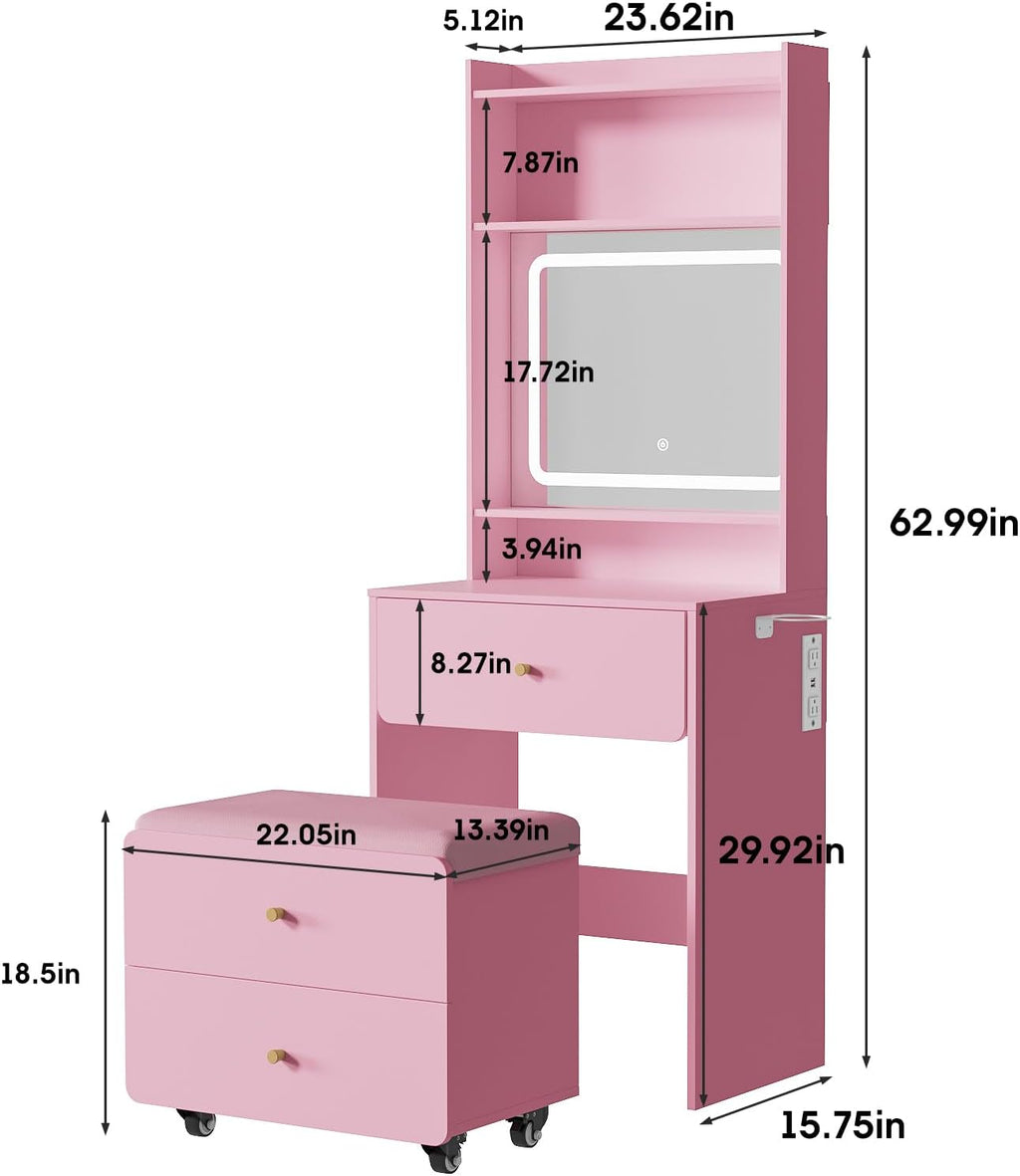 Vabches Small Vanity Desk Set with 3 Adjustable Lighted Mirror and Storage Chair, Vanity Set with Charger Station, Small Spaces Vanity Table for Bedroom，Pink