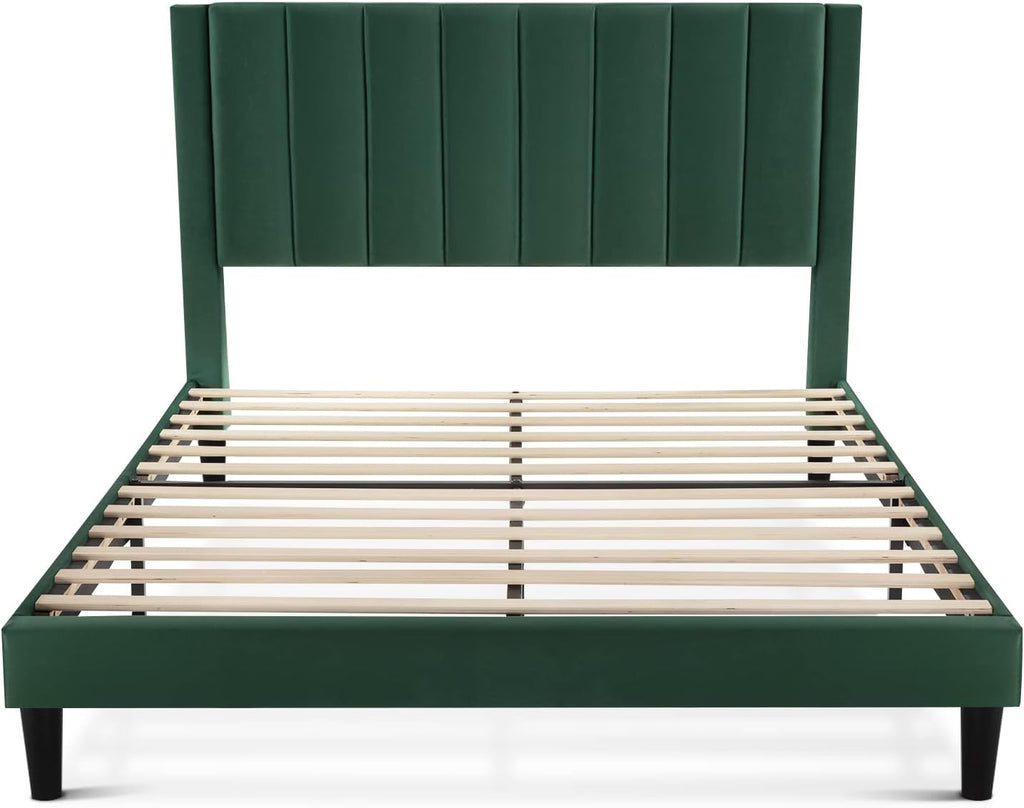 SHA CERLIN Full Bed Frame/Velvet Upholstered Platform Bed Frame with Headboard/Strong Wood Slats Support/Mattress Foundation/No Box Spring Needed - Green