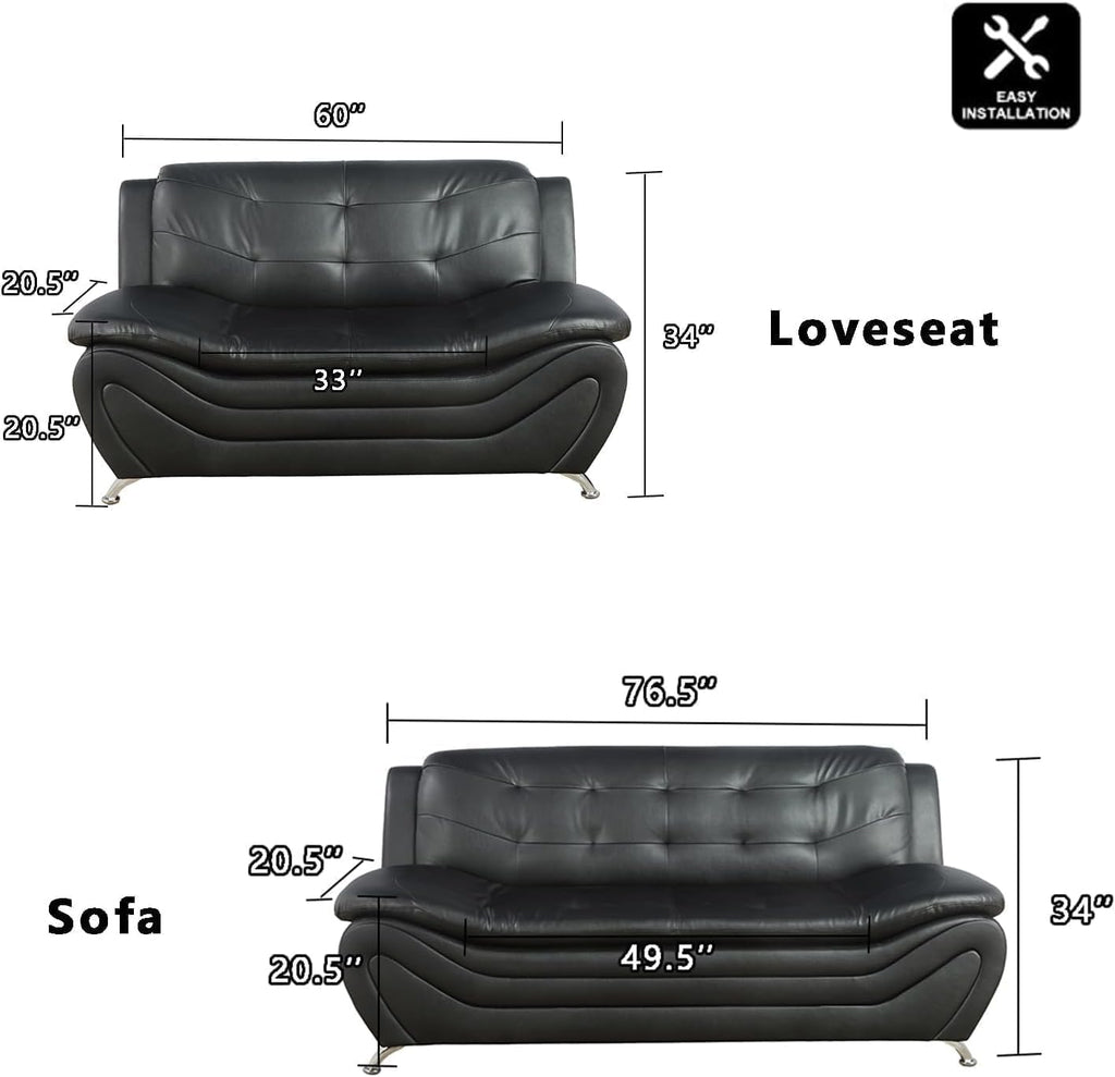 Contemporary Living Room Furniture Set, Vegan Leather Sofa Set for Living Room/House/Bedroom/Office/Apartment (Black, Sofa&Loveseat)