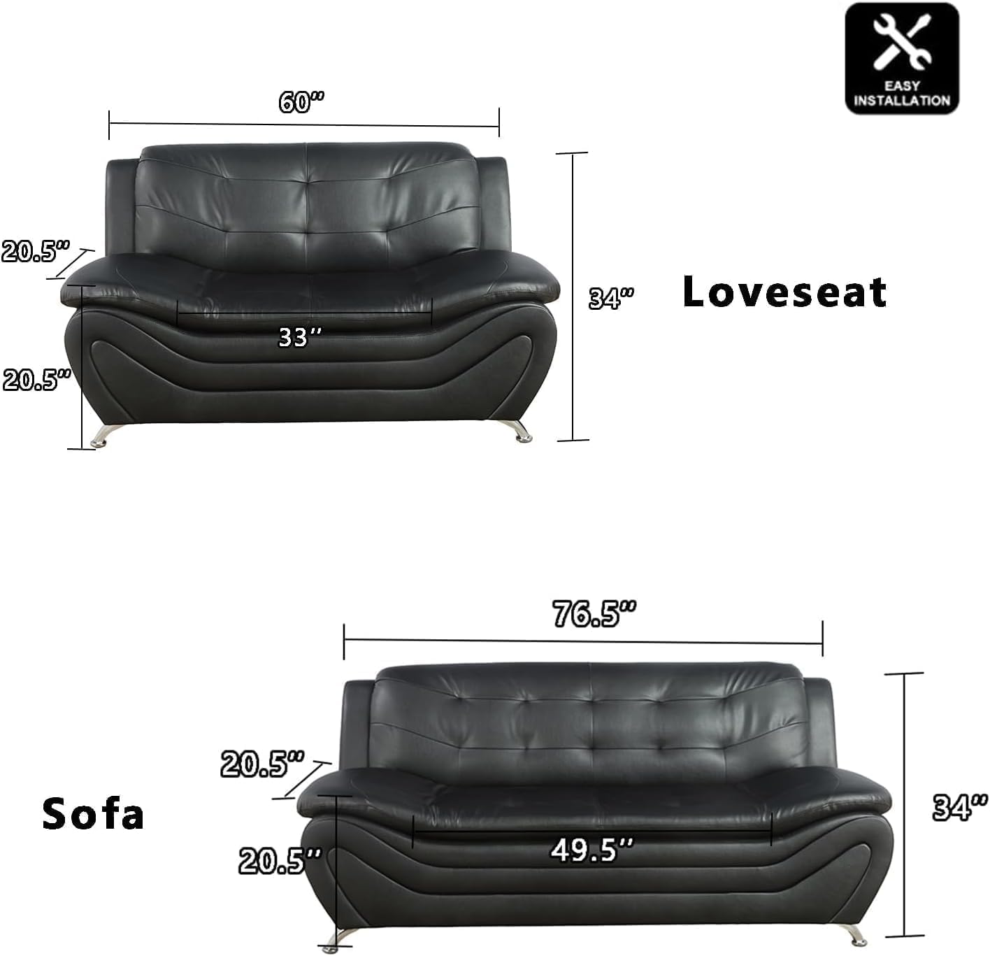 Contemporary Living Room Furniture Set, Vegan Leather Sofa Set for Living Room/House/Bedroom/Office/Apartment (Black, Sofa&Loveseat)
