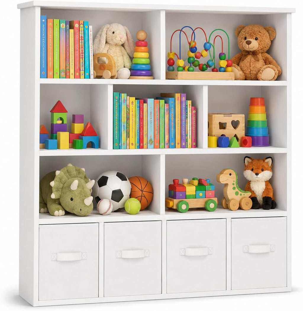 EROMMY Toy Storage Organizer and Kids Bookshelf, 7 Cubbies, 4 Drawers | 50'W x 47'H storage cabinet with anti-tip kit and removable fabric drawers for playrooms, bedrooms, and nurseries
