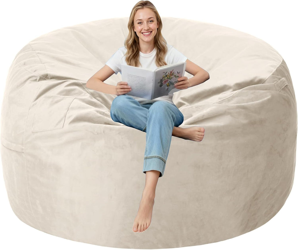 5FT Bean Bag Chair with Ultra Soft Velvet Cover Bean Bag Sofa with Memory Foam Bean Bag Chairs with Large Size Lazy Sofa for Dorm Office Living Room Bedroom Beige 5'