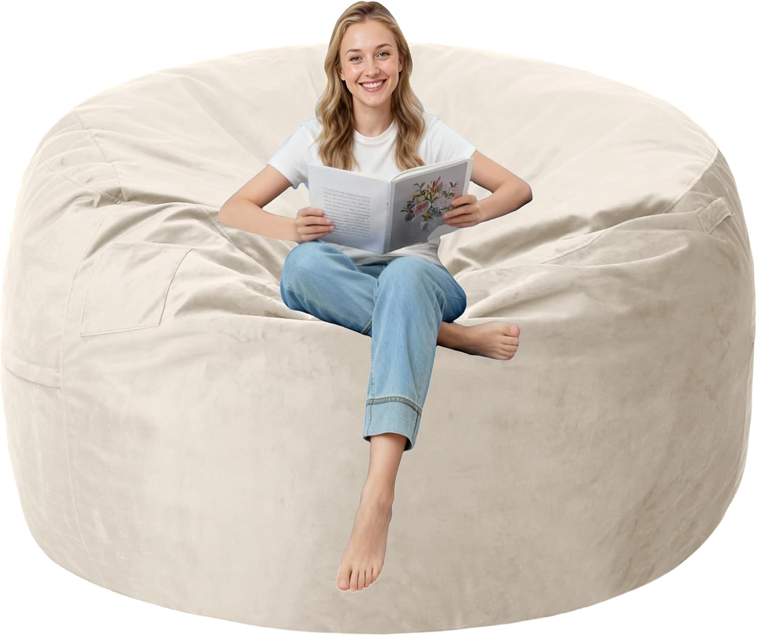 5FT Bean Bag Chair with Ultra Soft Velvet Cover Bean Bag Sofa with Memory Foam Bean Bag Chairs with Large Size Lazy Sofa for Dorm Office Living Room Bedroom Beige 5'