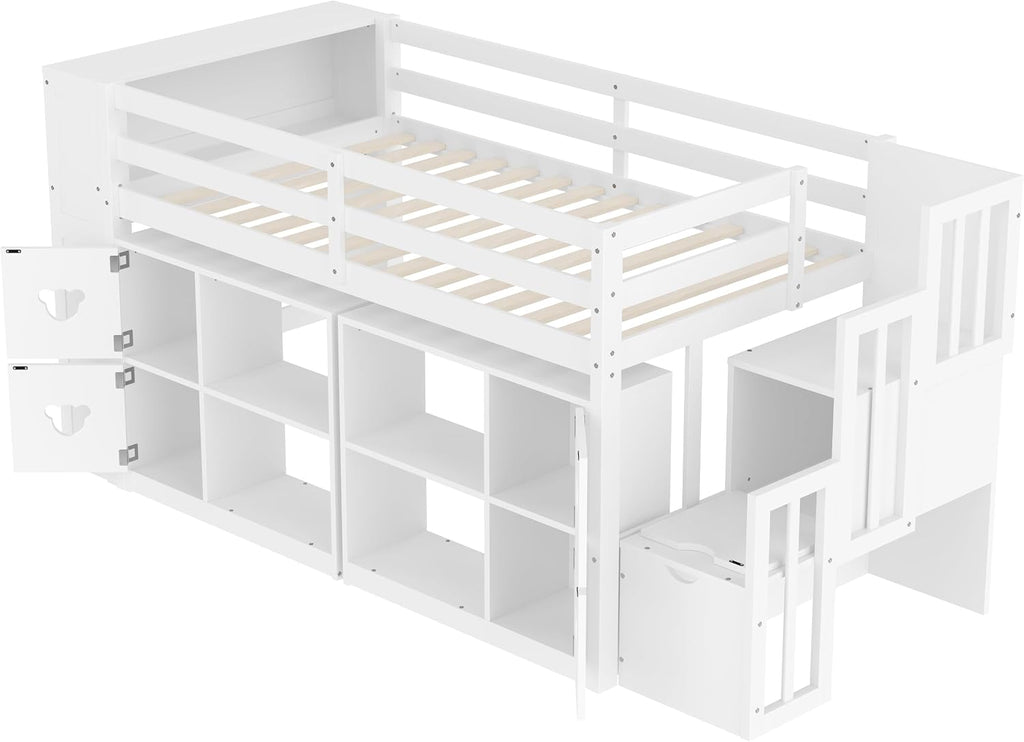 JIVOIT Twin Size Low Loft Bed with Open Shelves, Storage Cabinets, Storage Headboard and Stair, Full-Length Guardrails, No Box Spring Needed (White, 50)