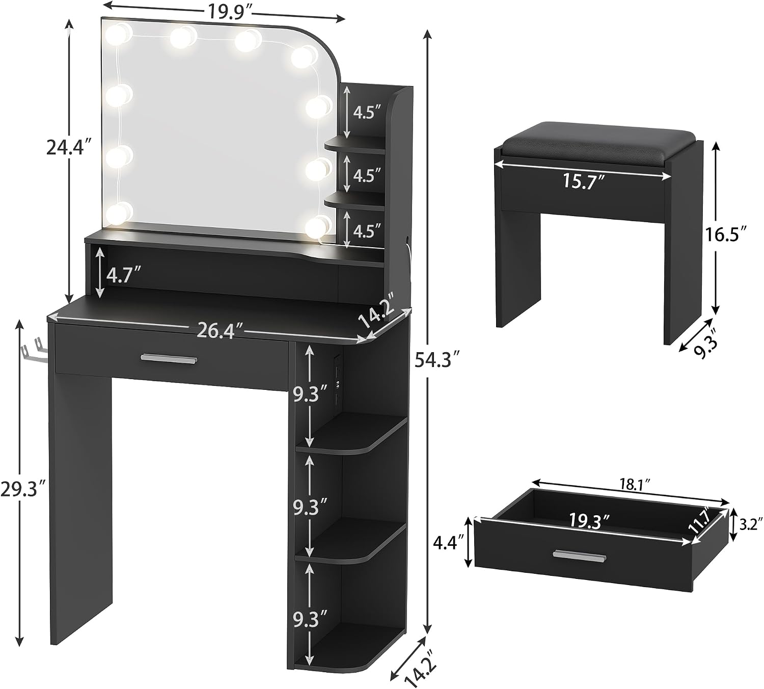 Small Vanity Desk with Mirror and Lights, 26.4' W Girls Vanity Set with Chair and Power Outlet, 3 Lighting Color Adjustable, Makeup Vanity Vanity for Girls, Black