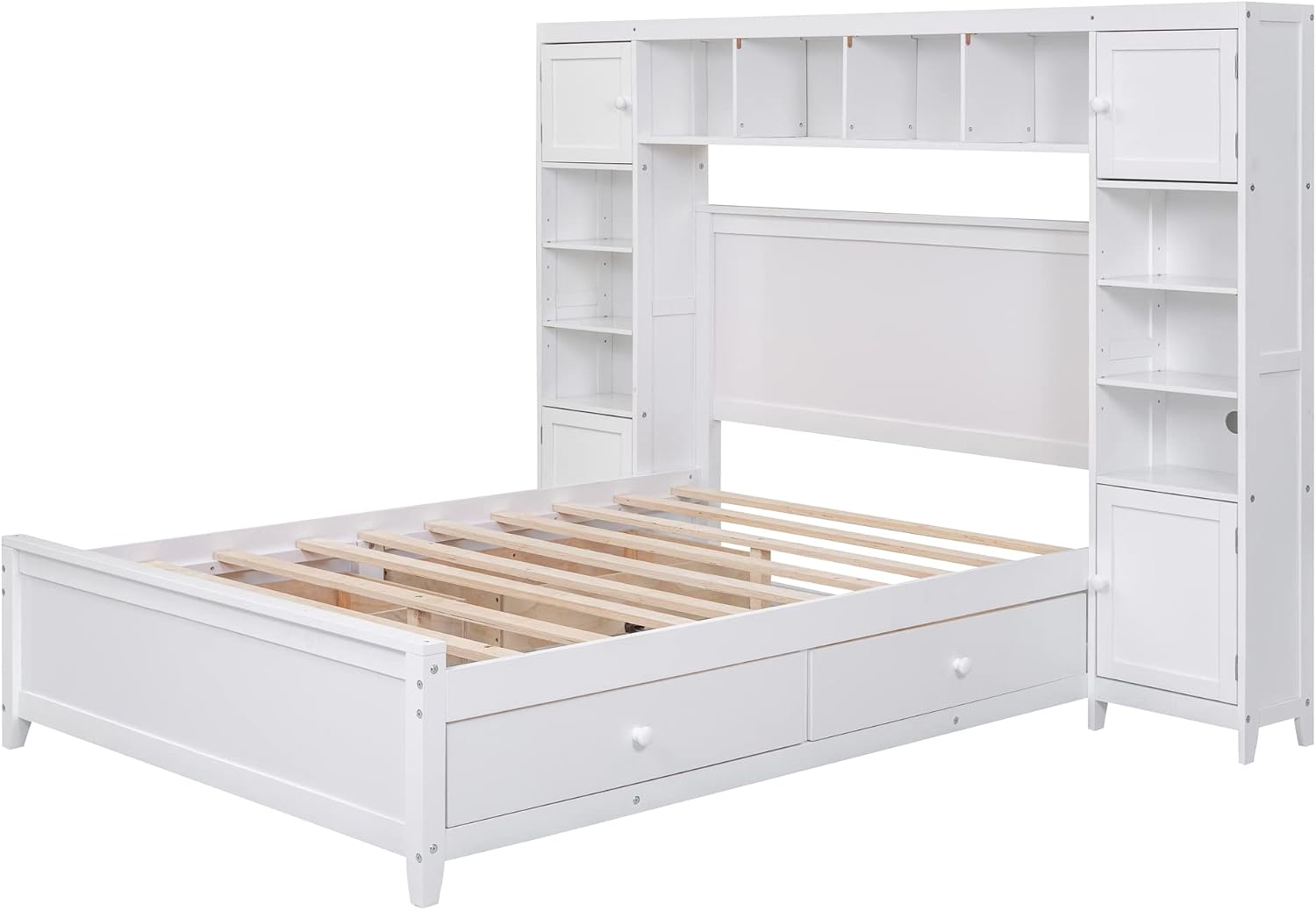 Harper & Bright Designs Full Storage Bed with Bookcase Headboard, Full Size Platform Bed with 4 Storage Drawers, Solid Wood Full Bed Frame with Cabinet and Shelf, No Box Spring Needed, White