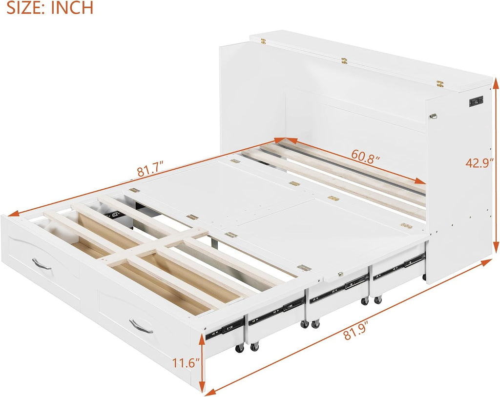 Queen Size Murphy Wall Bed with Drawer and a Set of Sockets & USB Ports,Modern Bed Frame with Pulley Structure Design for Kids Teen Girls Boys Adults Bedroom Furniture (White-46, Queen)