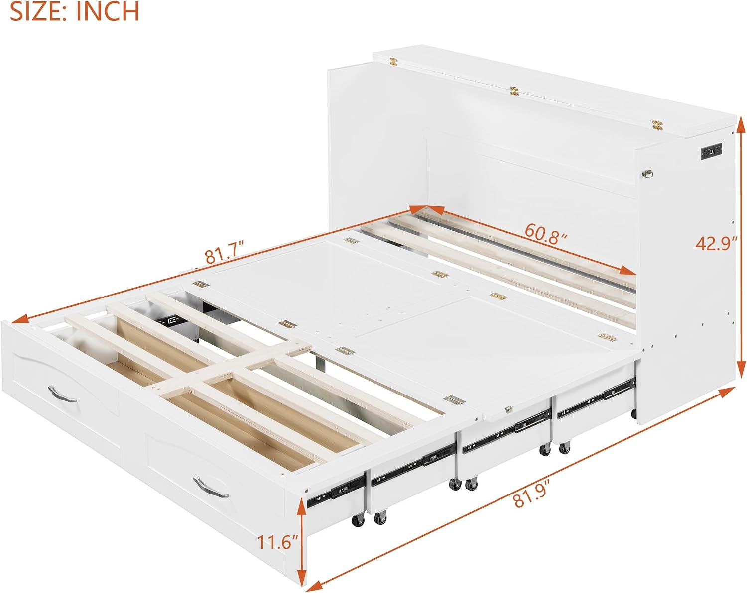 Queen Size Murphy Wall Bed with Drawer and a Set of Sockets & USB Ports,Modern Bed Frame with Pulley Structure Design for Kids Teen Girls Boys Adults Bedroom Furniture (White-46, Queen)