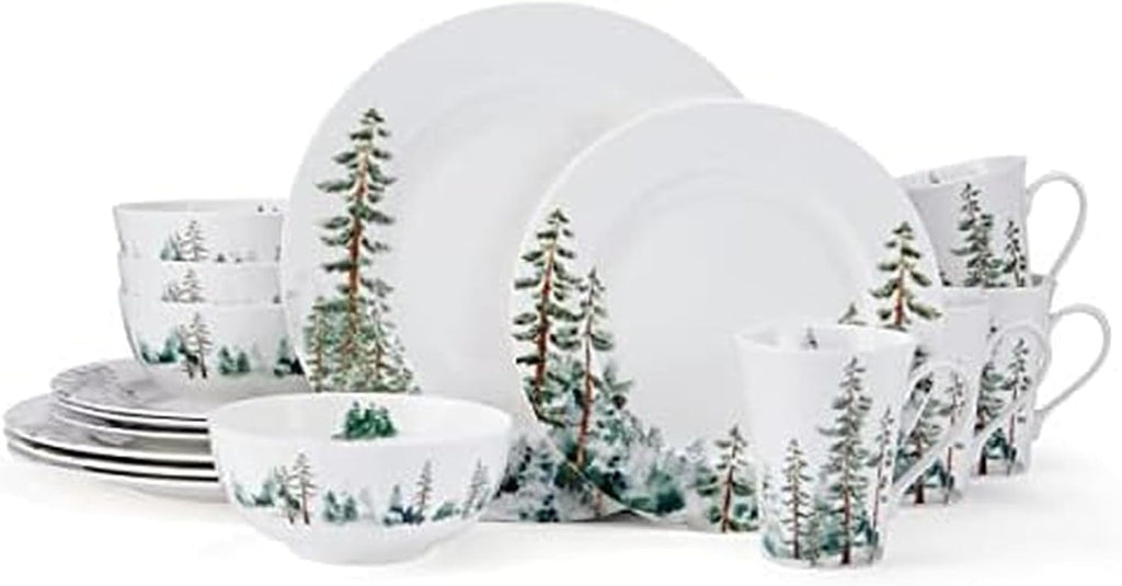 Mikasa Watercolor Forest Bone China Lightweight Chip Resistant 16 Piece Dinnerware Set, Service for 4, White
