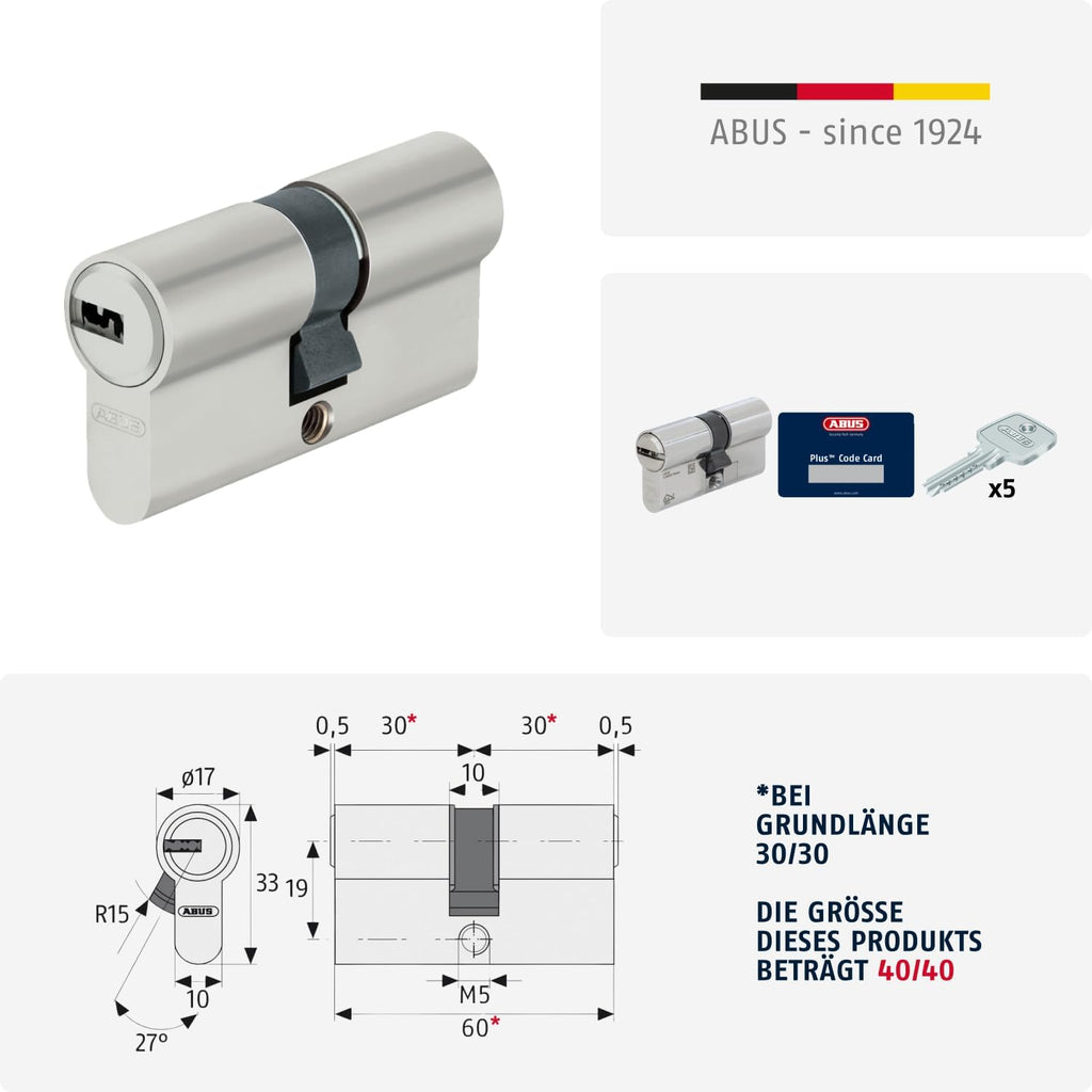 ABUS Profile Cylinder Lock D6XNP 40/40 B/SB with Keycard and 5 Keys, 483028