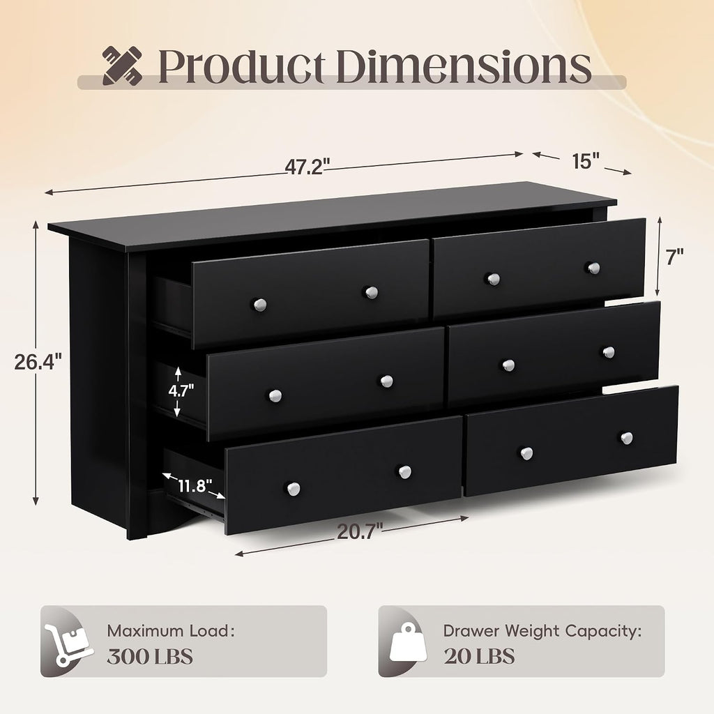 JUMMICO Black Dresser for Bedroom, 6 Wood Dresser Drawers, Wide Chest of Drawers, Storage Tower Unit, Modern Design for Bedroom, Living Room, Hallway, Entryway