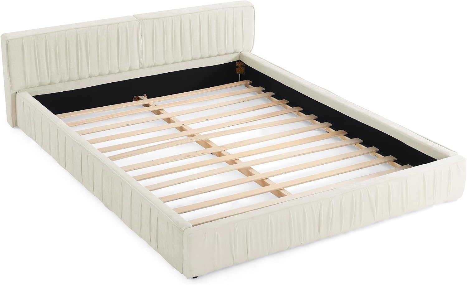KLMM Queen Size Upholstered Bed Frame with Chenille Fabric with Pleated Design,Grounded Platform Bed with Headboard and Solid Frame,for Bedroom Use (Beige/Chenille, Queen)