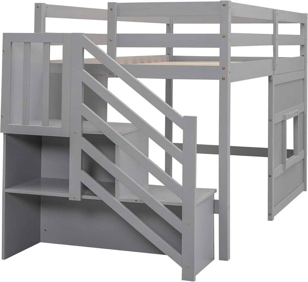 JIVOIT Low Loft Bed with Storage Staircase and Window, Twin Size Loft Bed with Guardrails and Wood Slats Support, Solid Wood Bed Frame, Space Saving Design, No Box Spring Need (Gray,Staircase+Window)