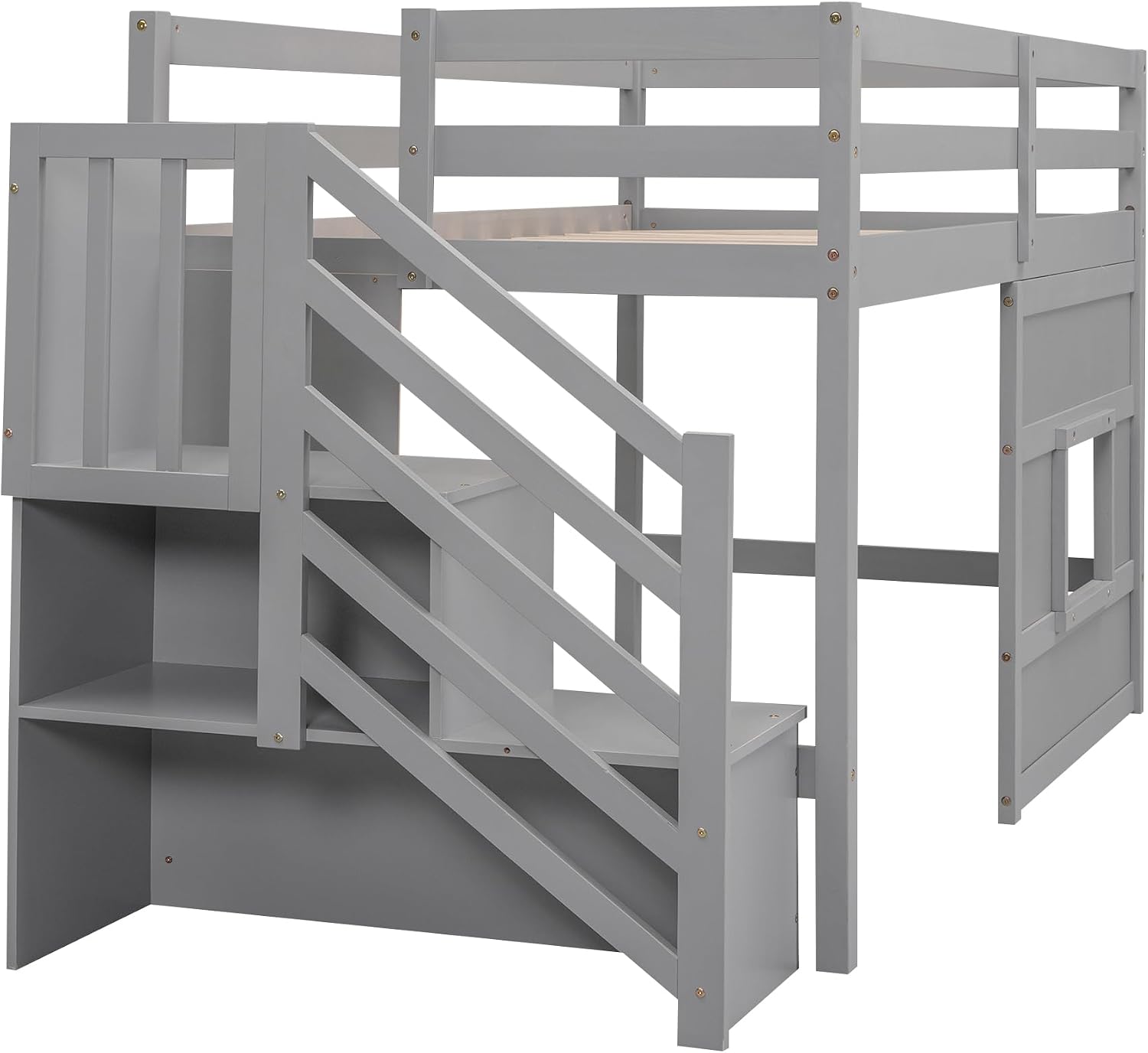 JIVOIT Low Loft Bed with Storage Staircase and Window, Twin Size Loft Bed with Guardrails and Wood Slats Support, Solid Wood Bed Frame, Space Saving Design, No Box Spring Need (Gray,Staircase+Window)