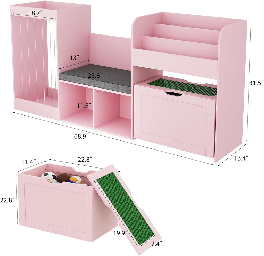 68.9'W Kids Toy Storage, Large Bookshelf with Reading Nook, Removable Building Baseplate Lid for Lego, Rolling Drawers, Stuffed Animal Storage, Bench and Removable Cushions for Playroom(Pink)