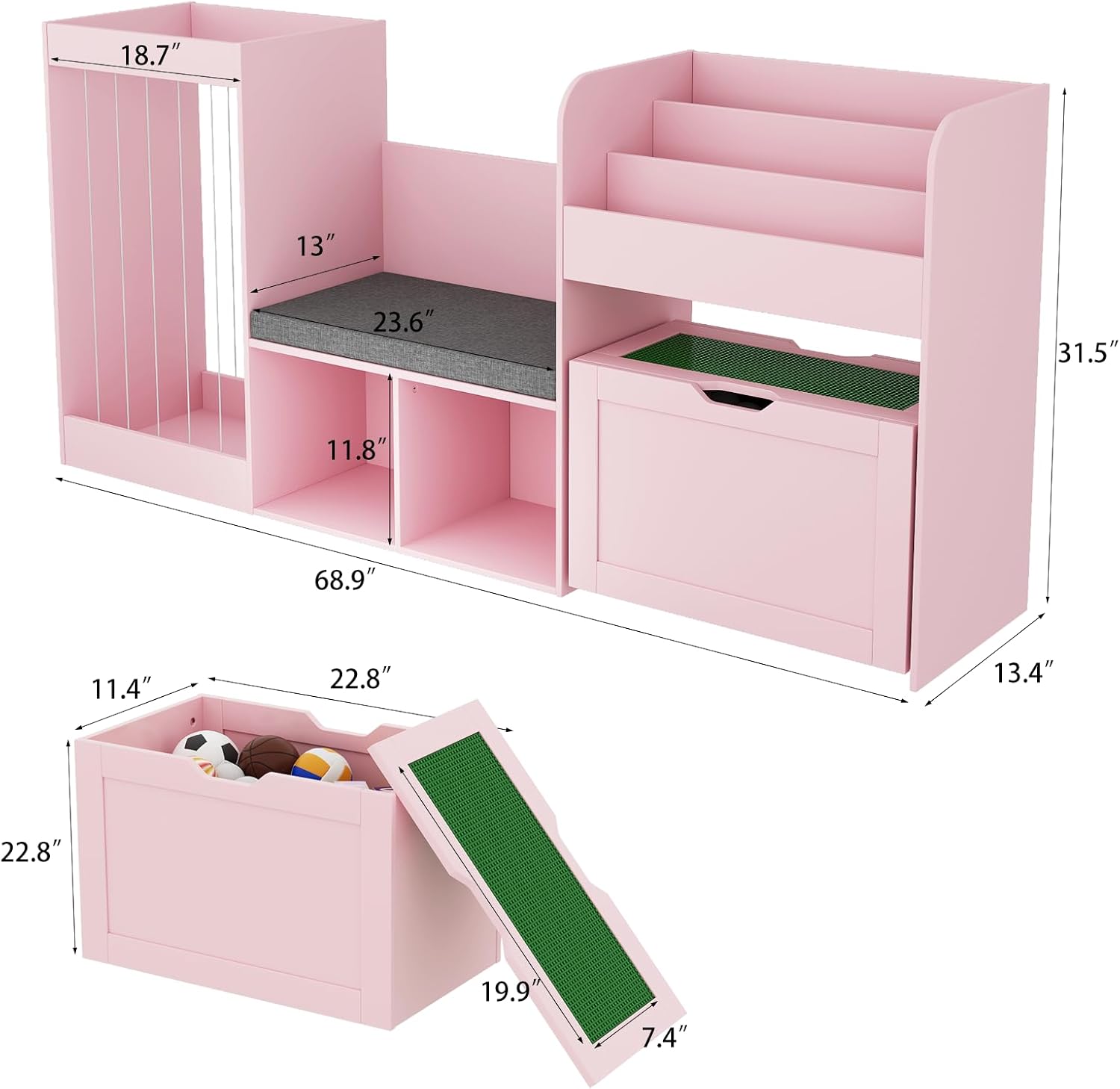 68.9'W Kids Toy Storage, Large Bookshelf with Reading Nook, Removable Building Baseplate Lid for Lego, Rolling Drawers, Stuffed Animal Storage, Bench and Removable Cushions for Playroom(Pink)