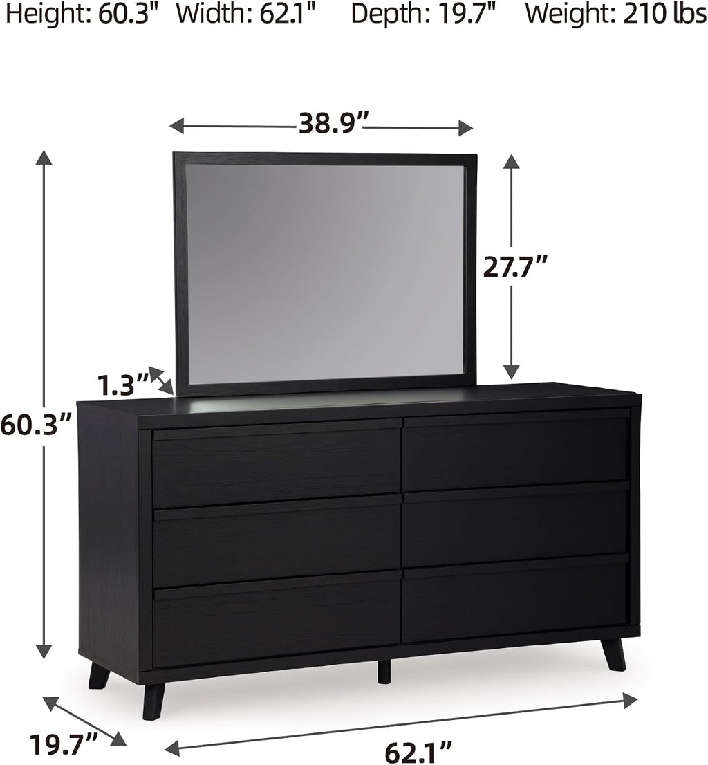 Signature Design by Ashley Danziar Mid-Century Modern 6-Drawer Dresser and Mirror with Safety Stop, Black