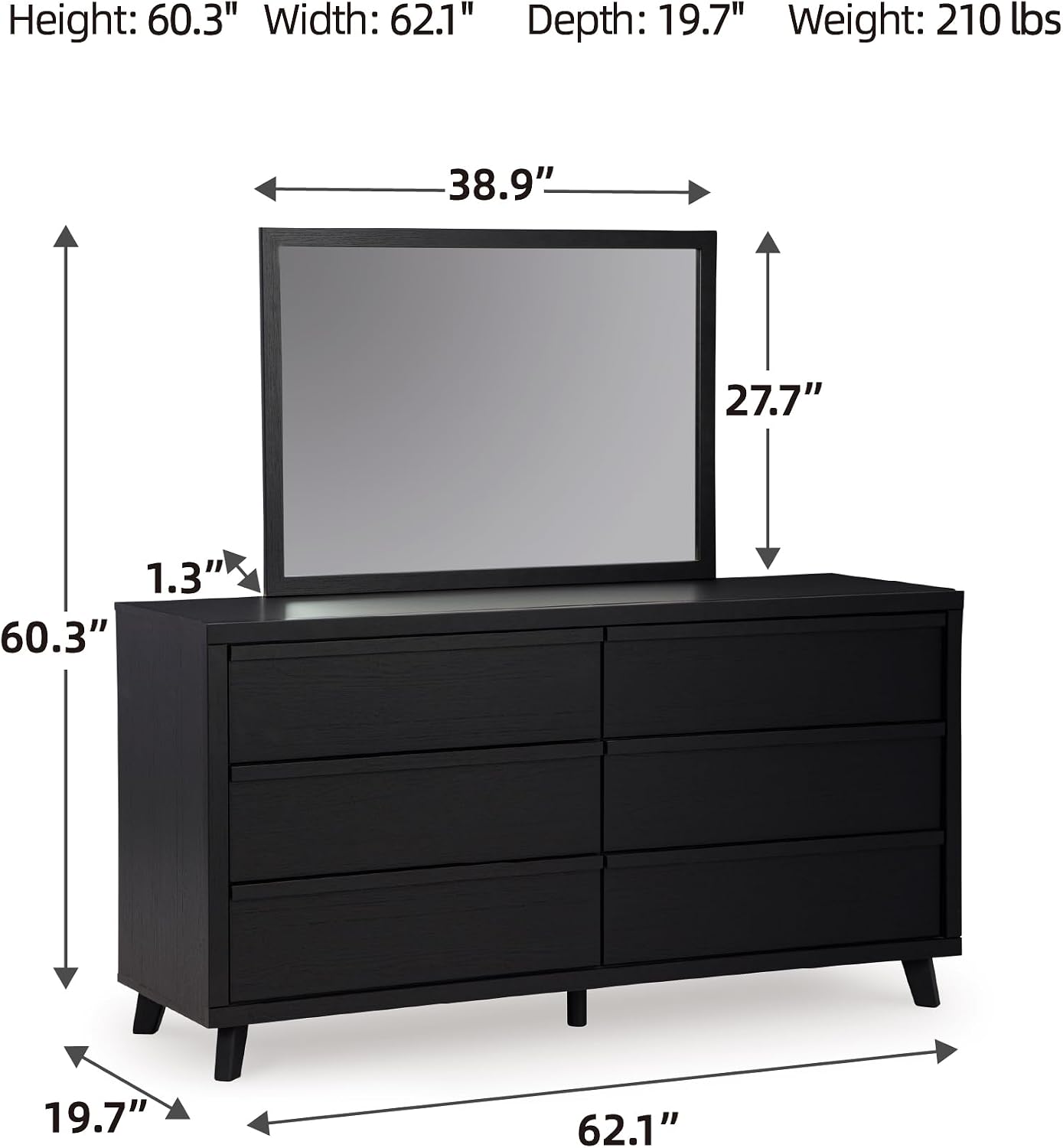 Signature Design by Ashley Danziar Mid-Century Modern 6-Drawer Dresser and Mirror with Safety Stop, Black