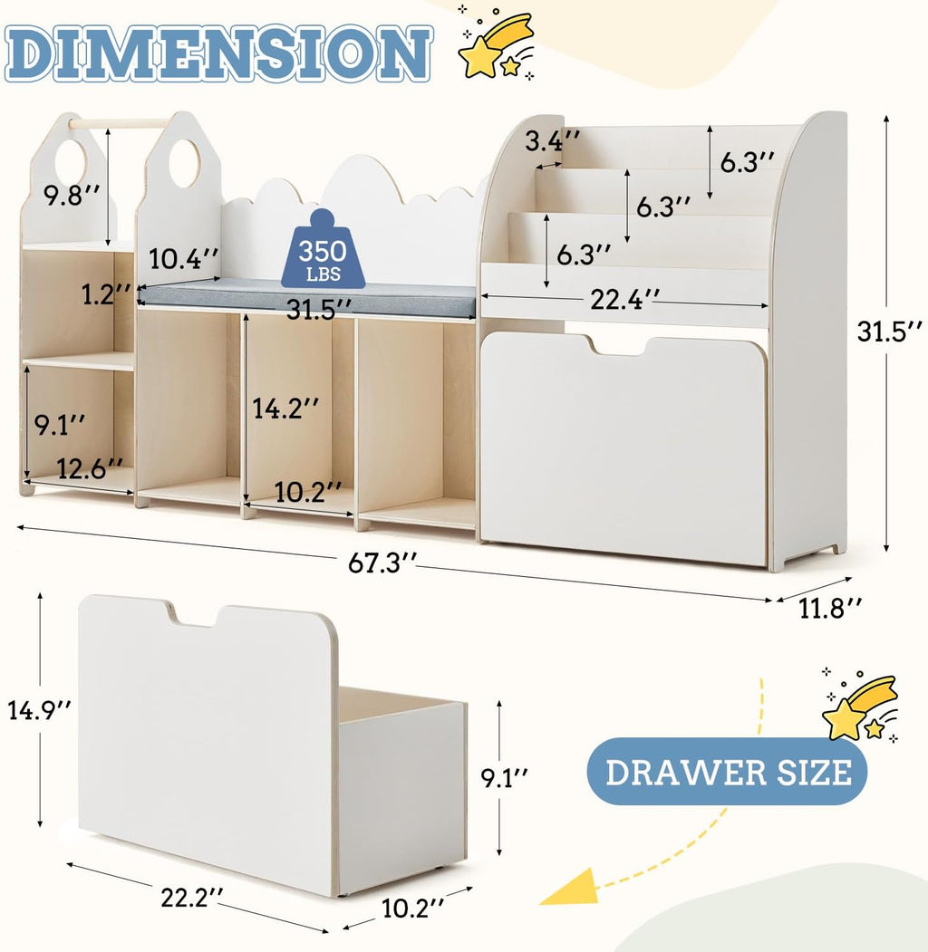 67' Kids Reading Nook with Bench, Children Toy Storage Organizer with Seat Cushion, 6 Storage Cubbies, Movable Drawers,Kid Bookshelf and Bookcase for Playroom, Bedroom, School, Ivory White