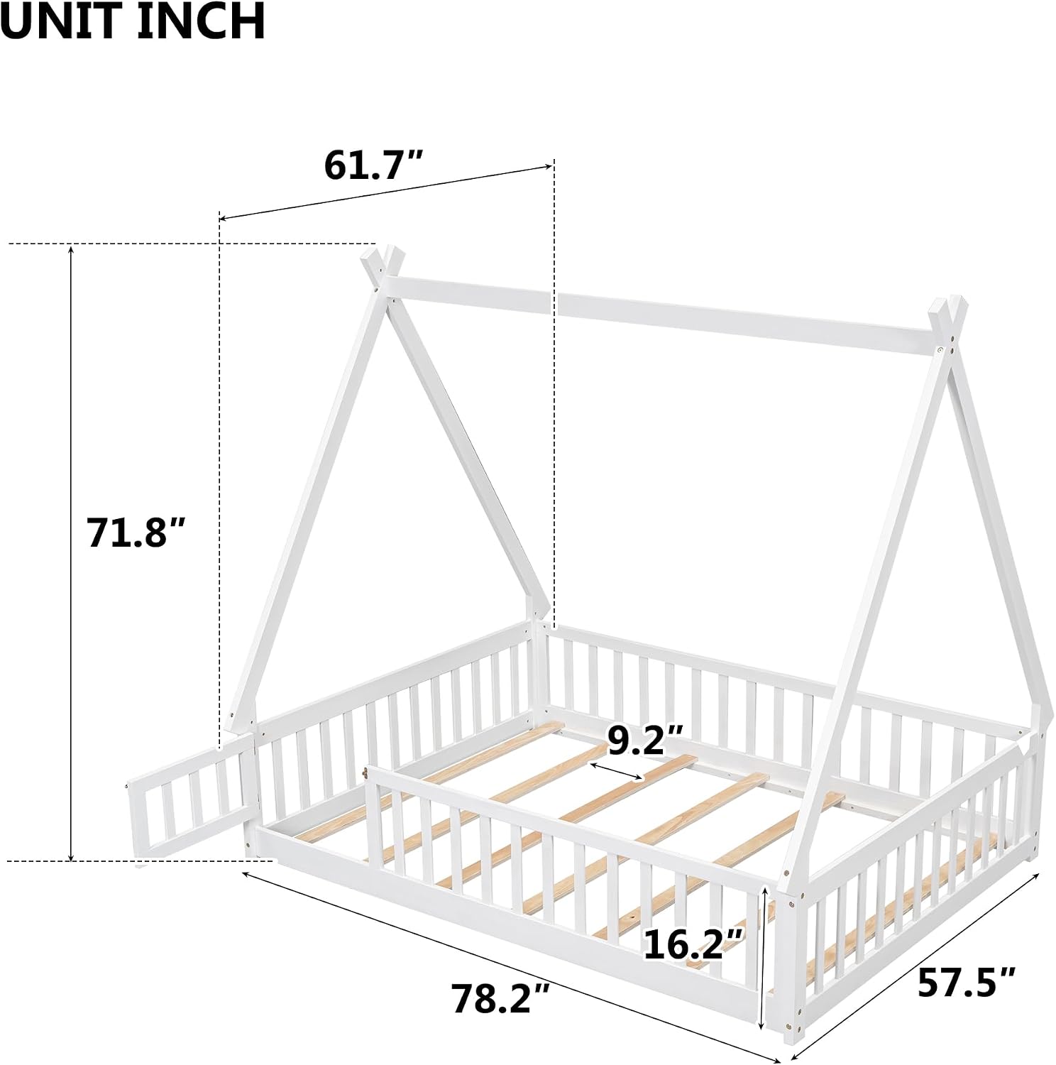 Bellemave Full Size Tent Floor Bed for Kids,Montessori Floor Bed with Door and Guardrails,Wood Floor Bed with Slats,Teepee Bed for Girls Boys(Full,White)