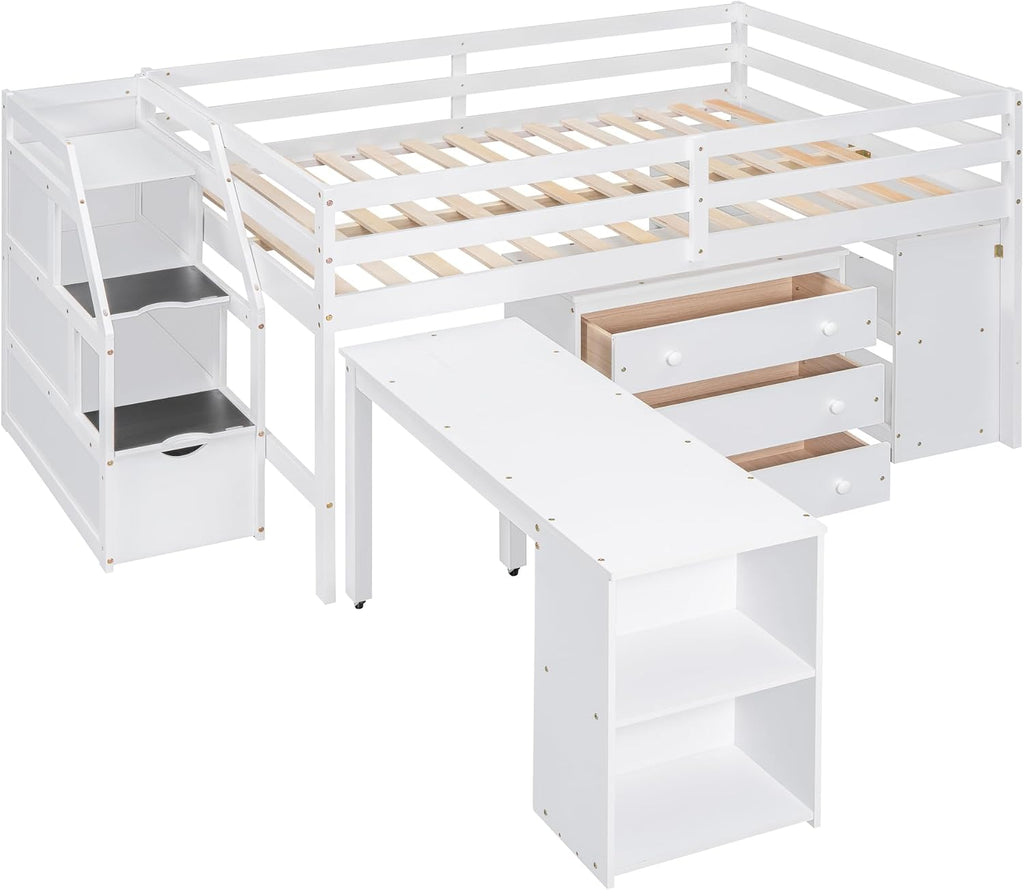 Full Size Loft Bed with Retractable Writing Desk, Wooden Loft Bed with 3 Drawers and Shelves, Storage Stairs, Versatility Low Loft Bed Storage Bed for Kids Boys Girls Bedroom (White,Storage Stairs)