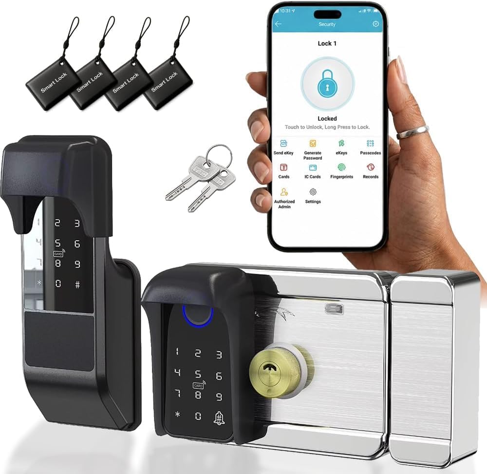 Smart Latch Double Side Gate Lock, Keyless Fingerprint Rim Lock with Keypad, Password & IC Card - Waterproof Electronic Digital Door Deadbolt for Outdoor Fence (Black Waterproof)