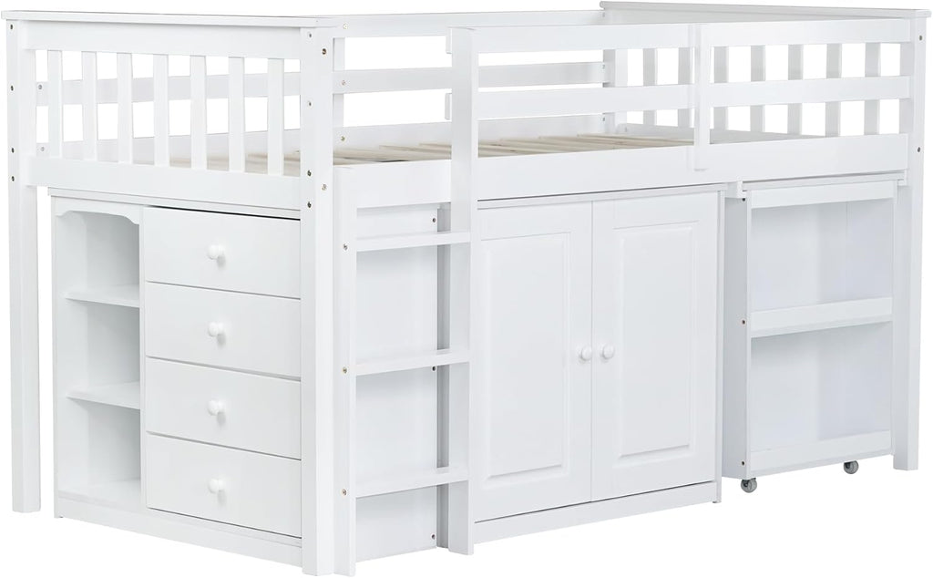 JIVOIT Twin Size Low Loft Bed, Multifunctional Loft Bed with Pulling-Out Desk, Storage Cabinet, Drawer and Shelf Cabinet, Rubber Wood Loft Bed with Safety Guardrail, Ladder, Easy Assembly (White/262)