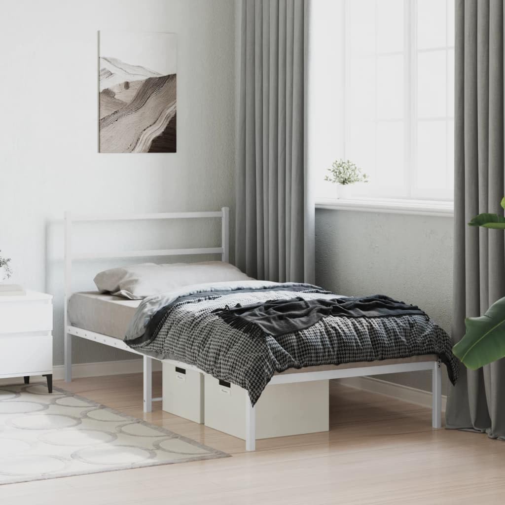 White Steel Twin Bed Frame with Headboard, 39.4' Wide 78.7' Long, Breathable Design, Powder Coated Metal Frame, Durable Construction, Easy Assembly, Modern Style for Bedroom