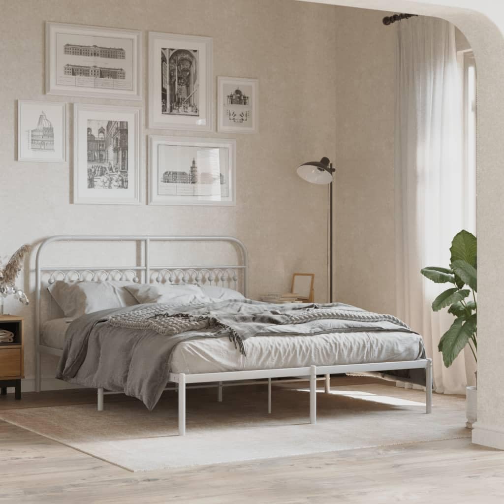 King Size Metal Bed Frame with Headboard, White Powder-Coated Steel Frame, 4 Legs for Enhanced Support, Sturdy Construction for Bedroom Furniture, Durable and Stable Design