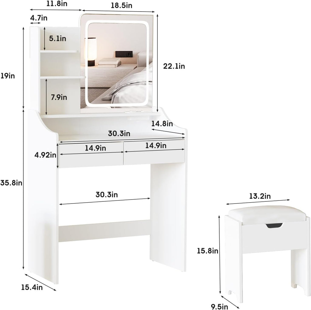 Vabches Vanity Desk with LED Light Mirror and Charging Station 30.3in, Small Vanity Set with 4 Storage Shelves 2 Drawers, Vanity for Girls Women with Storage Stool, Vanity Table for Bedroom (White)