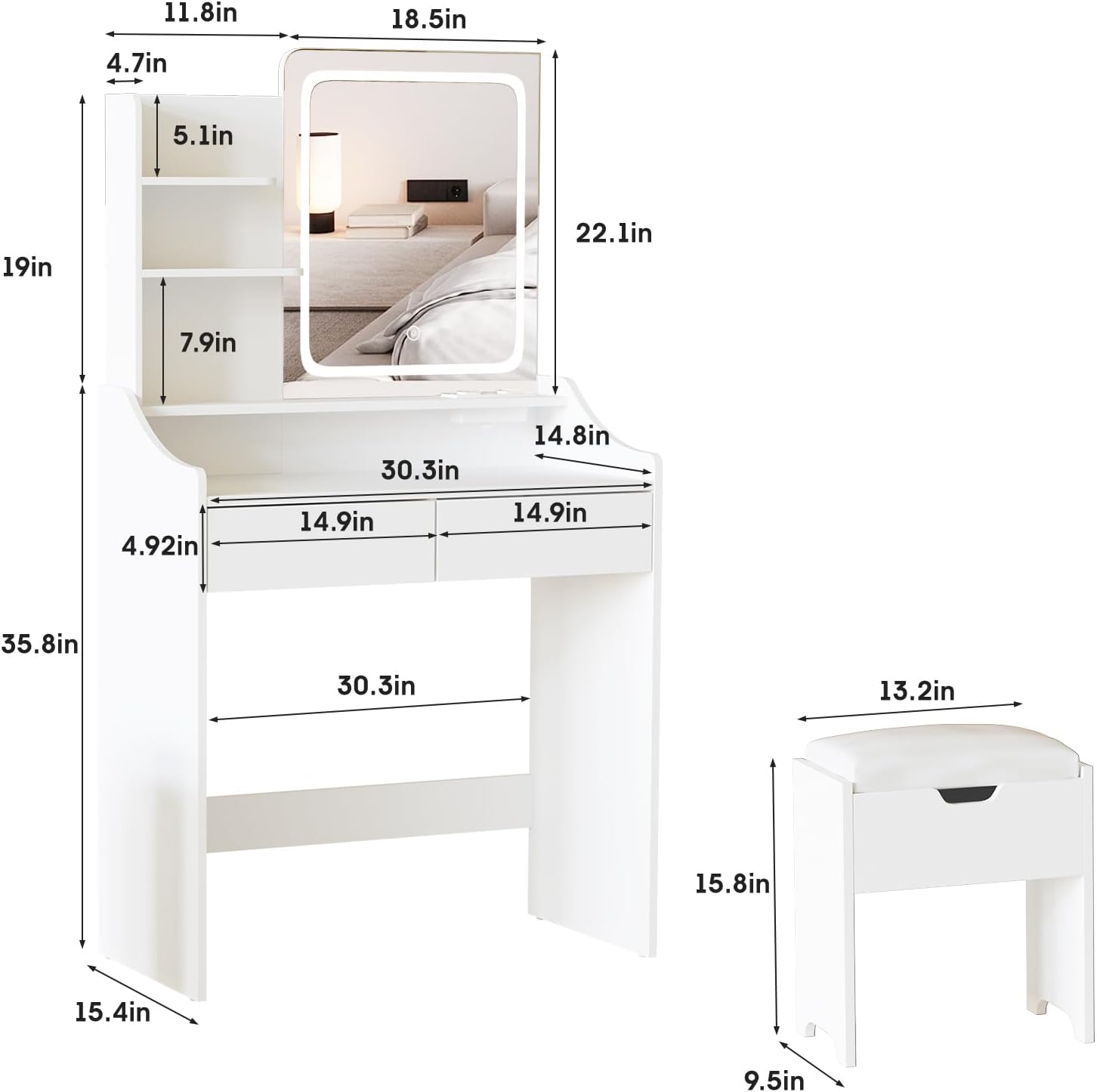 Vabches Vanity Desk with LED Light Mirror and Charging Station 30.3in, Small Vanity Set with 4 Storage Shelves 2 Drawers, Vanity for Girls Women with Storage Stool, Vanity Table for Bedroom (White)