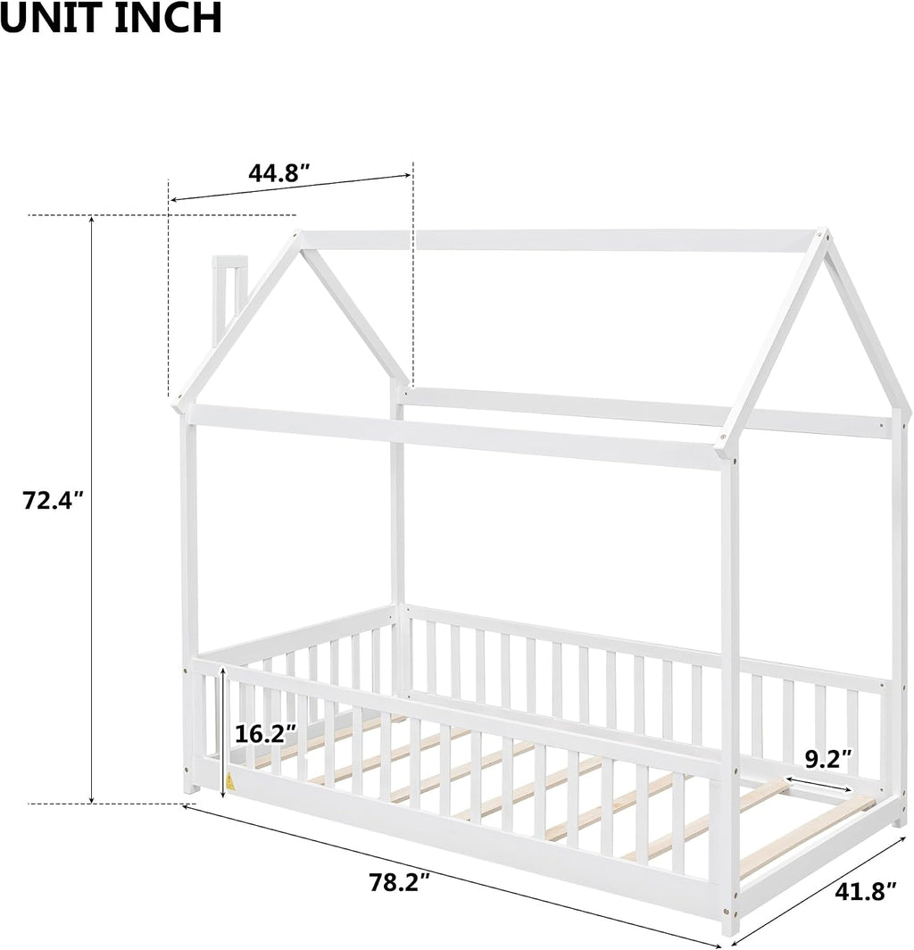 Twin Floor Bed with Slats, Twin Floor Bed for Children, Wooden Montessori Bed with Fence, House Bed for Boys Girls Bedroom - White