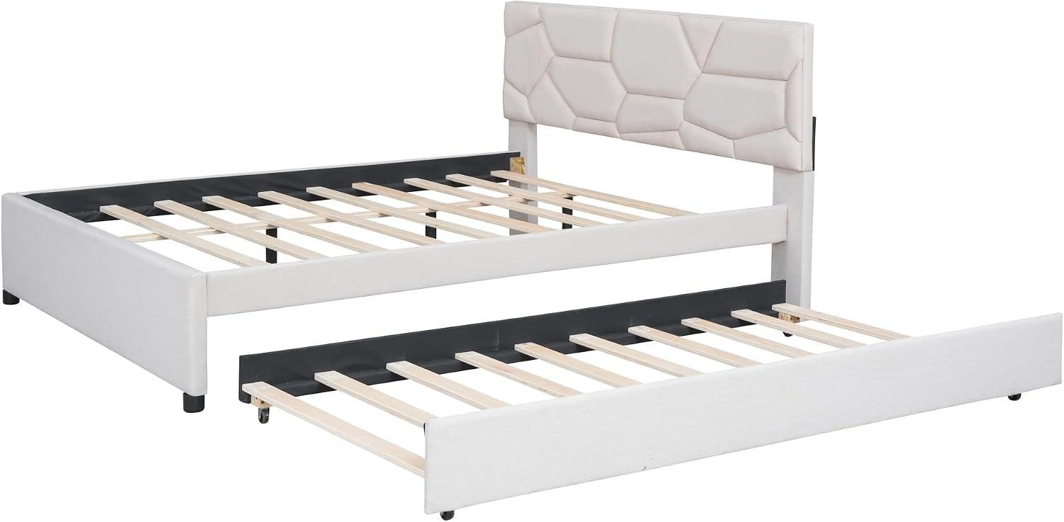 Queen Size Upholstered Platform Bed Frame with Twin XL Size Trundle,Brick Pattern Headboard and Solid Wood Bedframe,Linen Fabric for Kids,Teen,Adult