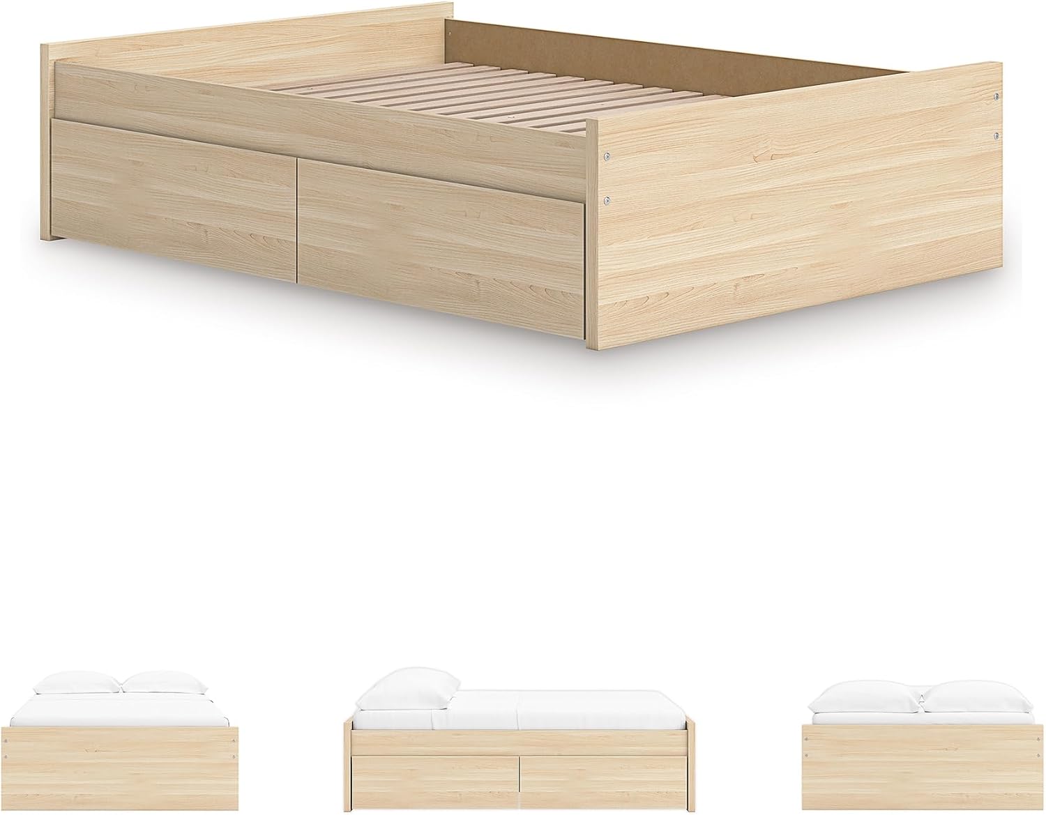 Signature Design by Ashley Onita Scandinavian 4-Drawer Full Platform Bed with 2 Side Storage, Foundation or Box Spring Not Needed, Light Brown