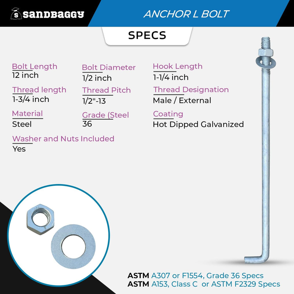 Sandbaggy 1/2' X 12' Threaded Concrete Anchor L-Bolts (Nuts & Washers Included) - Hot Dipped Galvanized - Sill Plate, Base Plate, Masonry, Wood, Cement Anchors, J Bolt (100, 1/2' x 12')