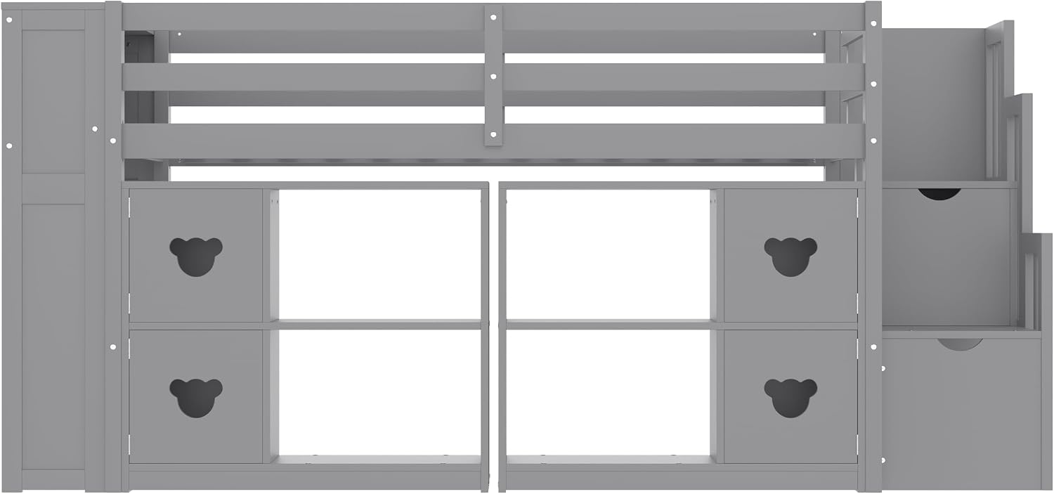 JIVOIT Twin Size Low Loft Bed with Open Shelves, Storage Cabinets, Storage Headboard and Stair, Full-Length Guardrails, No Box Spring Needed (Grey, 50)