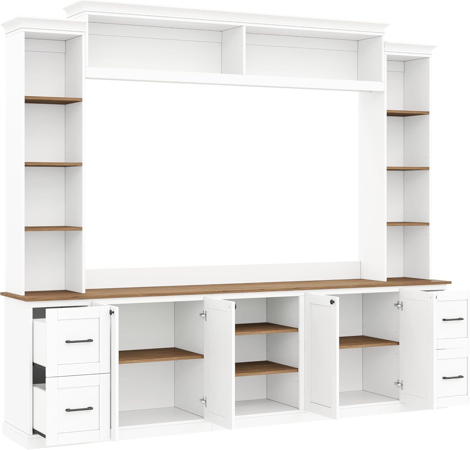 4-Piece Entertainment Center Wall Unit for TVs up to 70', Large TV Stand with Bookcase, 6 Drawers & Adjustable Shelves, Elegant Large Wall Media Console Unit for Living Room, White