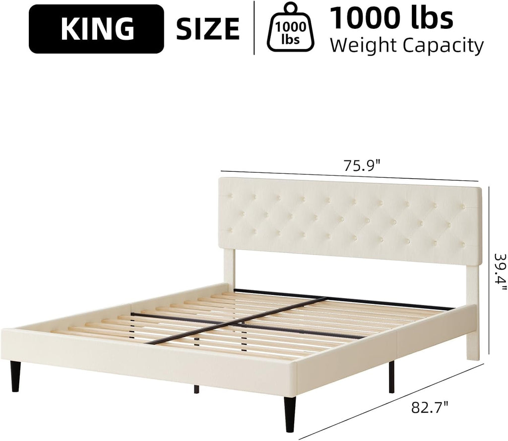 HOMBCK King Size Bed Frame, Linen Fabric Upholstered Bed Frame King Size with Headboard, Wood Slats Support, Button Tufted Design, No Box Spring Needed, Cream