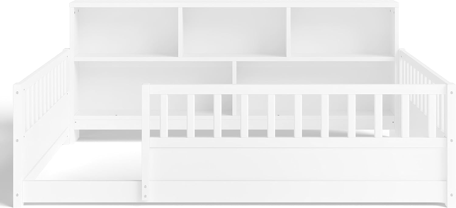 JIJIWANG Full Size Floor Bed for Kids, Wooden Montessori Bed Frame with Bookcase, Storage Shelves & Safety Fence Rails, Floor Beds Full for Girls, Boys, No Box Spring Needed, Without Slats, White