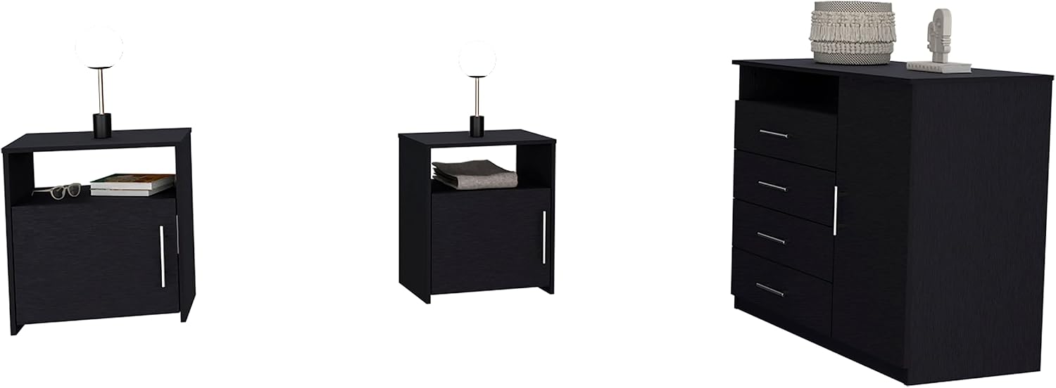 Space Saving 3-Piece Bedroom Set: Cabinet with 4 Drawers & 2 Nightstands, Modern Minimalist Furniture for Small Apartments, Easy Assembly, Black
