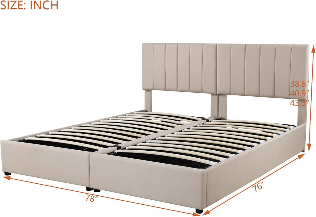 VilroCaz King Size Upholstered Platform Bed with Hydraulic Storage System, Upholstered Linen Platform Bed with Height-Adjustable Channel Tufted Headboard, Sturdy Slats Support (Beige-12.11)